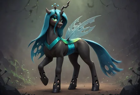 score_9, score_8_up, score_7_up, Artist:Dragk, BREAK,1girl, solo, cowboy shot,feral, pony, mare, Queen Chrysalis, standing, bug thighs, eye lashes, stable, dark, (seductive smile),(((side_view,full_body)))