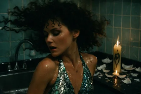 cinematic still, Gina Montana in the Scarface sequel mid-motion in a tiled Miami kitchen turned fever dream, sequin halter dress soaked with sink water, curls cascading wildly as she turns her head in a defiant blur, upper body close-up, Dutch angle, background of shattered dishes and a glowing Virgin candle burning at both ends, mood of volatile freedom and breaking control, high-contrast lighting, color palette of wet chrome, blackened teal, and ash white, style evoking operatic collapse within domestic walls