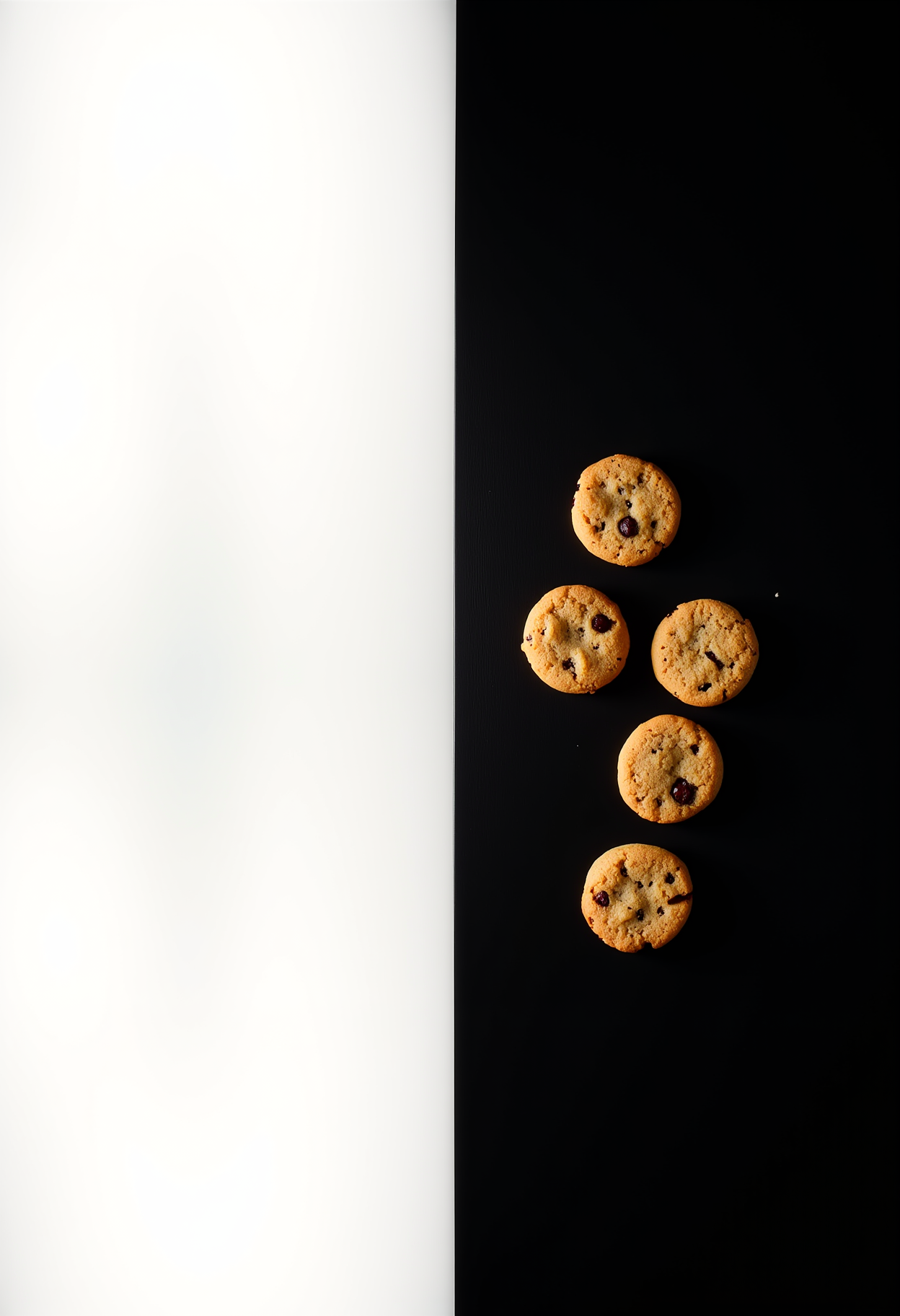 two sides of a table, the left side represents light and is white and empty, the right side is dark and has cookies on a black background <lora:Dever_Flux_Enhancer:0.5>
