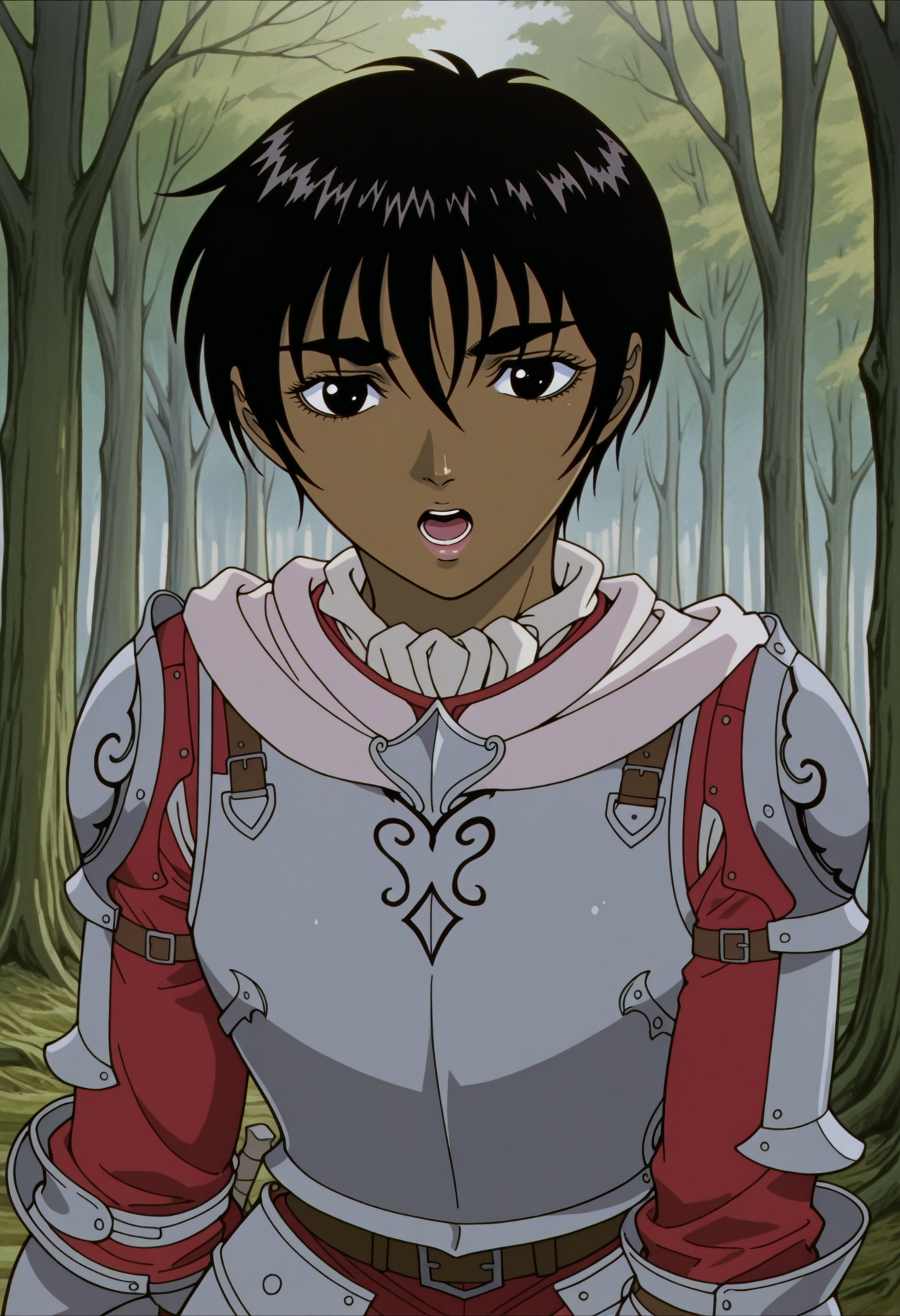 <lora:BerserkILLUSTRIOUS:1> berserk,
casca, 1girl, solo, open mouth, armor, forest