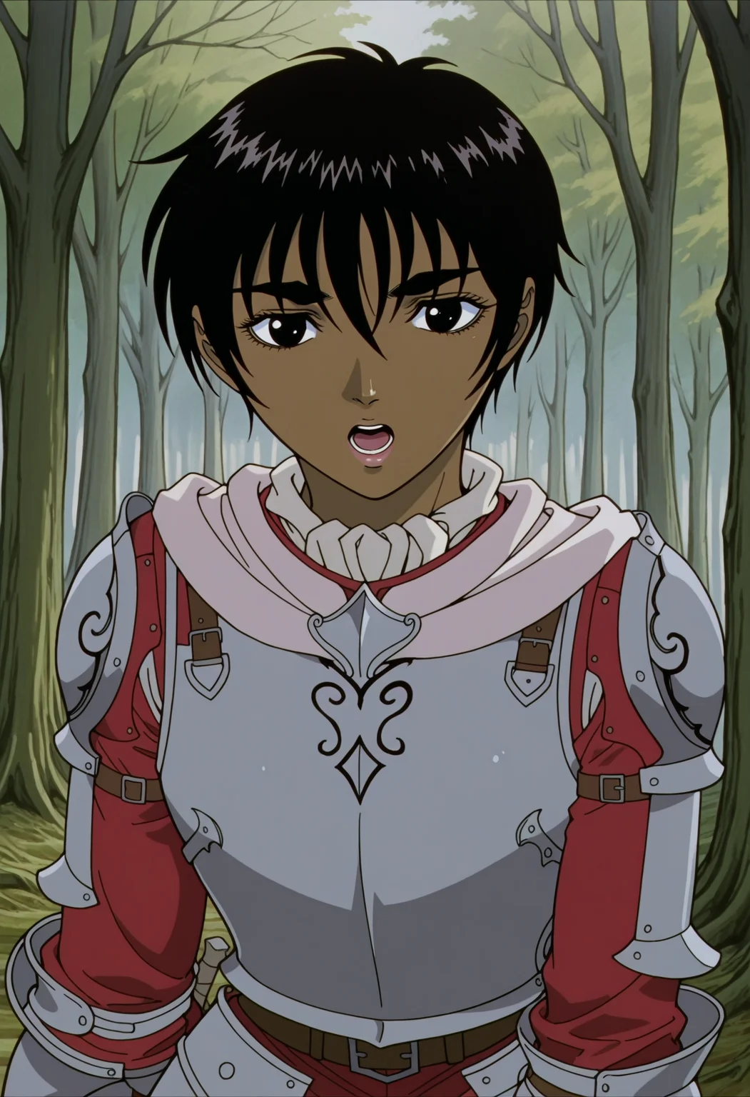 <lora:BerserkILLUSTRIOUS:1> berserk,
casca, 1girl, solo, open mouth, armor, forest