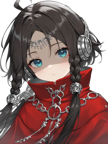 ,1girl,yinxi,cape,hair ornament,red coat,solo,white background,simple background,upper body,looking at viewer,shaded_face,blue eyes,expressionless,thinking,<lora:yinxi:1>, masterpiece, best quality, very aesthetic, absurdres