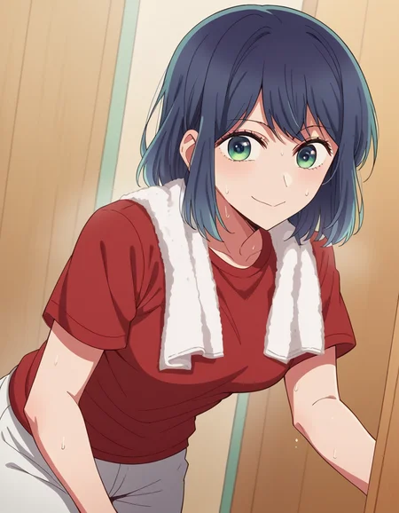 score_9, score_8_up, score_7_up, source_anime,
akanekurokawa, <lora:akane-kurokawa-s1-ponyxl-lora-nochekaiser:1>,
akane kurokawa, bangs, green eyes, blue hair, medium hair, dark blue hair,
shirt, short sleeves, towel, t-shirt, red shirt, towel around neck, sweat pants, white towel,
indoors, bent over, smile,
looking at viewer, cowboy shot, dutch angle, solo,