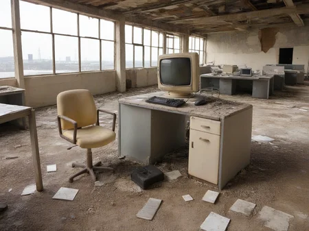 a broken down computer sitting in a huge dilapidated ruined office,<lora:Abandoned:1>