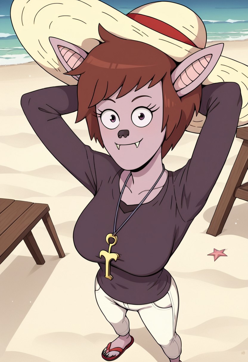 ((room background)),score_9, score_8_up, score_7_up,score_6_up, (detailed face and eyes:1) 
1girl, solo, furry, anthro bat, Stef_RS, light lilac skin, reddish brown, long pointy bat ears, small black nose, visible bat fangs, short hair, purple gray long-sleeved fitted blouse, white tight pants, red sandals, pendant with a golden key, white beach hat, cute, tall stature, social smile, perfect eyes, perfect smile, looking at the viewer, detailed eyes, perfect eyes, standing, big breasts (front pose, front view, full body shot, high angle view:1) five fingers, perfect hands, (hands behind head)
