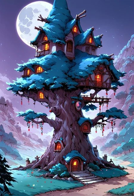 score_9, score_8_up, score_7_up, masterpiece, landscape, old forest, gnarled trees, grass, ancient houses, dilapidated buildings, shacks, witch houses, buildings, epiCPhoto, long shadows, eerie, moon, bleeding moon,dancing house, house on chicken legs, old tree, wide tree, house on tree, moon, moonshine, hkmagic,
