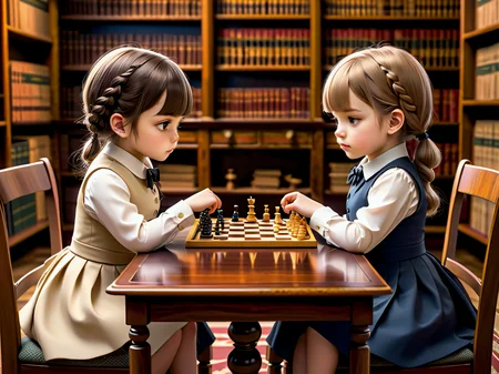 (anime:0.7),
two female babies sitting opposite each other, dressed elegantly, playing chess in a formal English library