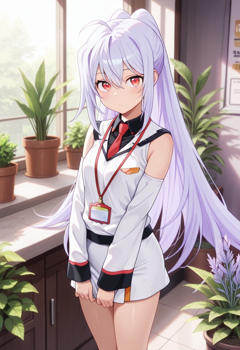 masterpiece,best quality,amazing quality, isla, long hair, silver-lavender hair, red eyes, 1girl, employee uniform, solo, uniform, plant, ahoge, looking at viewer, necktie, detached sleeves, flower, potted plant