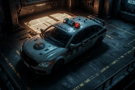 police car, futuristic port, detailed background, sunlit tones, warm light, overhead shot, albrecht, detailed background, <lora:Albrecht_Labs_Pony:1>, realistic, style