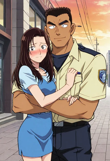 Anime, quality,high quality,masterpiece,extremely detailed,correct anatomy,best aesthetic, detailed face, (EyesHD), (duo), outdoor, city street, (1man, man taller male, man slender body, man crew cut, solid pupils:1.5, man black short hair, Date Wataru, man dark navy police uniform, man dark navy police shirt, dark navy pants, man soft smile face, man hugging, man tanned skin, man looking at girl), BREAK, (1girl, nastumi01, girl long hair, girl brown hair, girl light yellow jacket, girl blue pencil skirt, girl blue dress, girl blush, girl shy face, girl pretty face, girl slender body)