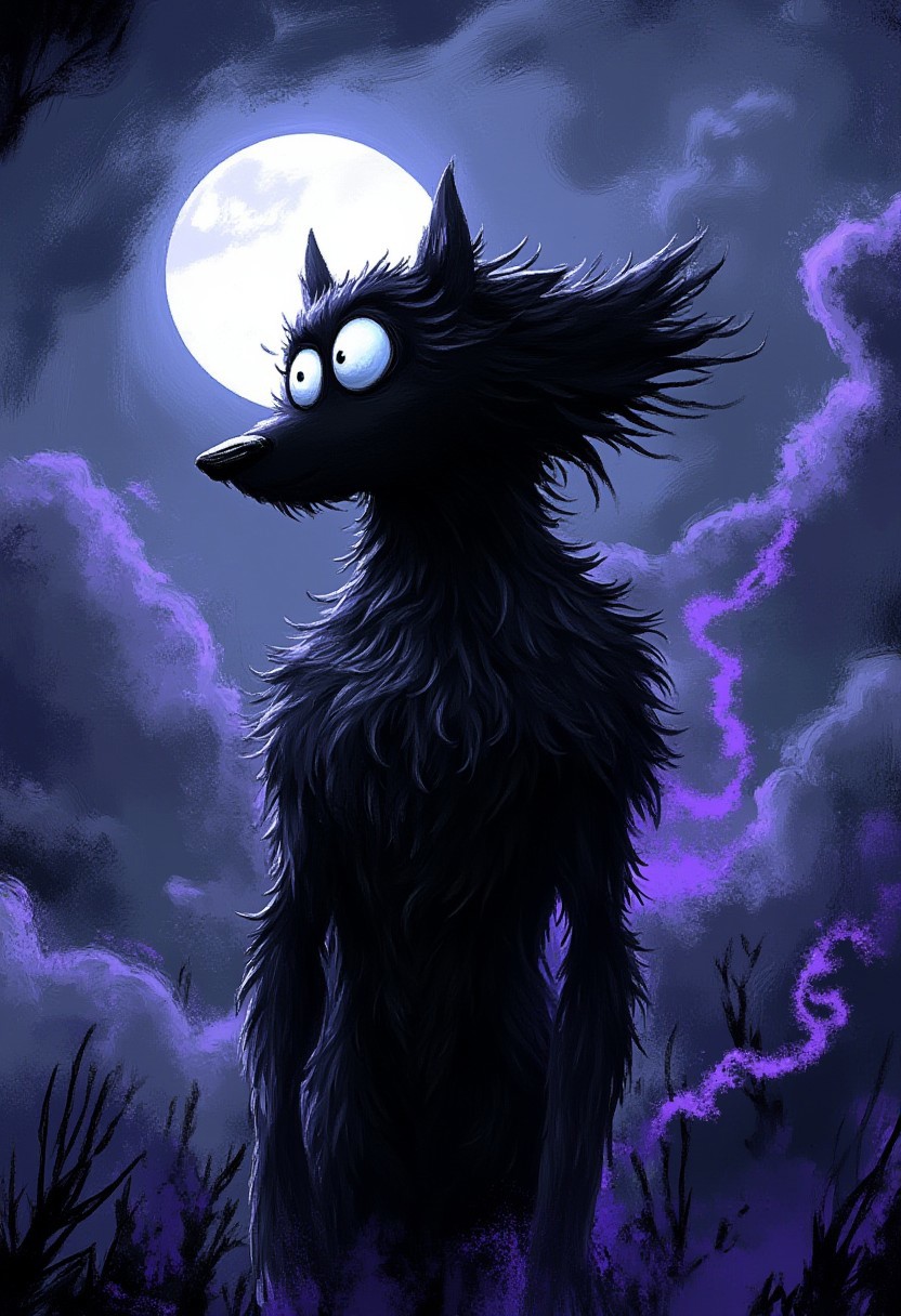 A whimsical illustration of a mysterious black wolf with enormous glowing silver eyes in dark whimsical art style, its muscular form gradually dissolving into shadowy wisps and dark smoke at the edges, digital painting with ethereal brushstrokes showing textured fur that fades into the darkness like ink in water, night sky background with a massive luminous full moon casting ethereal light through purple storm clouds, characteristic Tim Burton inspired design with the wolf's elongated features and intense gaze, while its body seamlessly merges with the shadows leaving only those haunting eyes and hints of lavender-tinted mist where its form disappears