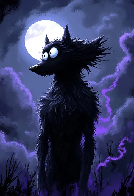 A whimsical illustration of a mysterious black wolf with enormous glowing silver eyes in dark whimsical art style, its muscular form gradually dissolving into shadowy wisps and dark smoke at the edges, digital painting with ethereal brushstrokes showing textured fur that fades into the darkness like ink in water, night sky background with a massive luminous full moon casting ethereal light through purple storm clouds, characteristic Tim Burton inspired design with the wolf's elongated features and intense gaze, while its body seamlessly merges with the shadows leaving only those haunting eyes and hints of lavender-tinted mist where its form disappears