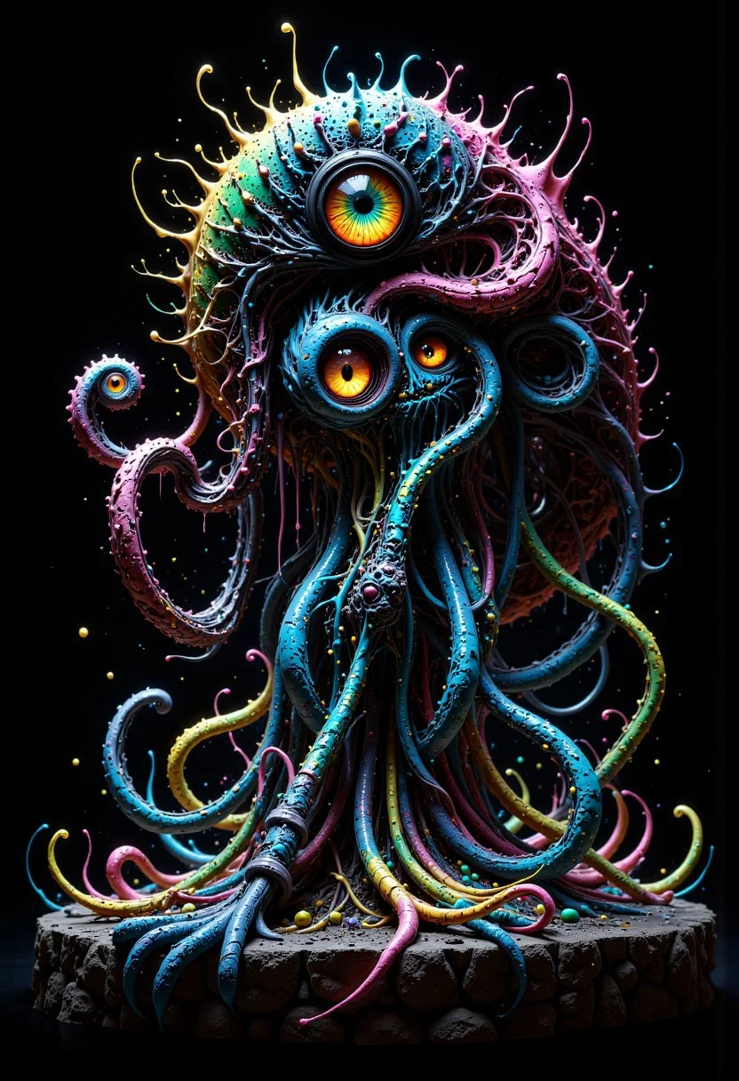 dark fantasy, slimy, unusual color, doodles, hybrid creature, halo, glow, limited dark color palette, vividly detailed, microscopically detailed, (professional photo but beautiful:1.3), hyper realistic and highly, (best quality:1.5), highres, dramatic light, by Steve McCurry, by Rembrandt, (by Kerby Rosanes:1.4)