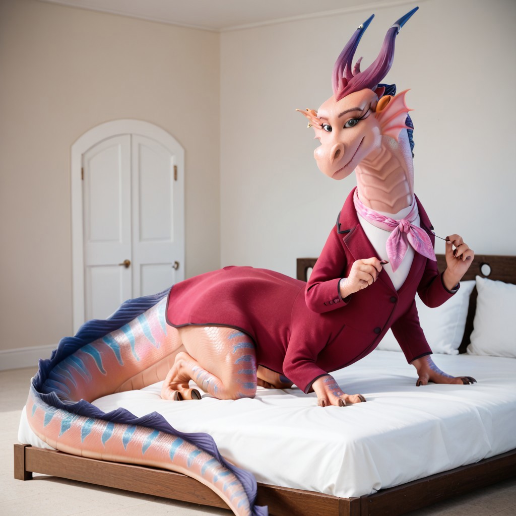 score_9, score_8_up, score_7_up, score_6_up, score_5_up, score_4_up, masterpiece, high quality, realistic, detailed, best quality, white bed, solo, rating_safe, source_furry, bedroom, smiling, seductive, looking at viewer, on bed, full body, close up, babe_luck, ear ruffs, dragon, taur, four hands, pink scales, horns, tail, claws, female, 1girl, teal eyes, earrings, business suit, scarf, feral