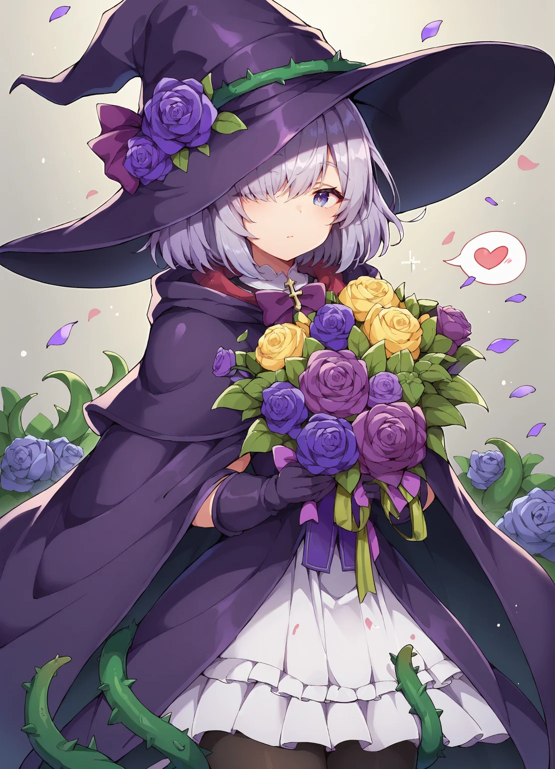 score_9, score_8_up, score_7_up, source_anime,1girl, bouquet, cloak, closed mouth, coat, cross, cross necklace, floral background, flower, flower ornament, green flower, grey background, hair over one eye, hat, hat flower, holding bouquet, holding flower, hydrangea, jewelry, looking at viewer, purple bow, purple bowtie, purple cape, purple eyes, purple flower, purple gloves, purple headwear, purple ribbon, purple rose, purple flower, rose, rose petals, rose print, short hair, solo, spoken squiggle, squiggle, thorns, witch, witch hat,
<lora:SDXL_PD_doskoinpo:1>