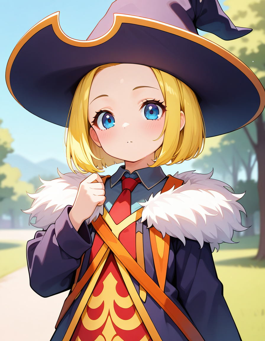 <lora:UsagaJudey_SDXL_Illustrious11_fp16_ver06:1>,UsagaJudey,1girl, solo,blonde hair,one length bob cut hair, forehead, blue eyes,witch hat,necktie,fur-trimmed dress,red tabard,skirt,red tabard,upper body, guilt, masterpiece, best quality, very aesthetic, absurdres,<lora:detailed_hands:1>,hand