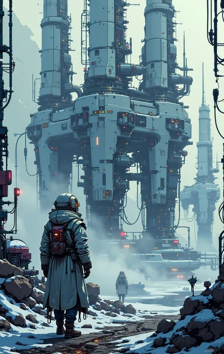 <lora:ck-nc-pastel-cyberpunk:1.1> A digital artwork in the style of cknc, A scientist walks towards the camera as he stands before Artemis Station, looking at the viewer, They wear a long, insulated trench coat made of reflective, metallic fabric that shimmers in the pale sunlight. The coat has a high collar, partially concealing their face, while their head is covered by a hood lined with futuristic gadgets—small sensors and antennas scanning the environment. Their eyes, visible beneath the hood, have a faint glow, suggesting cybernetic enhancements. Visualize Artemis Station as a towering, enigmatic structure rising from a cold, fog-laden world. The massive white spires stretch skyward, their dark metallic surfaces glistening with condensation from the mist. Each tower is adorned with intricate, glowing lines of orange and blue lights, hinting at the advanced technology within. The fog is thick at ground level, muffling sounds and creating an eerie, quiet atmosphere, while faint mechanical hums reverberate through the air. In the distance, other towering monoliths fade into the fog, creating a sense of endlessness. The lighting is soft and diffused, with occasional beams piercing through the fog from docking bays, casting long, dramatic shadows. The camera is set at ground level, looking up at the overwhelming scale of the station, emphasizing its imposing and mysterious nature.