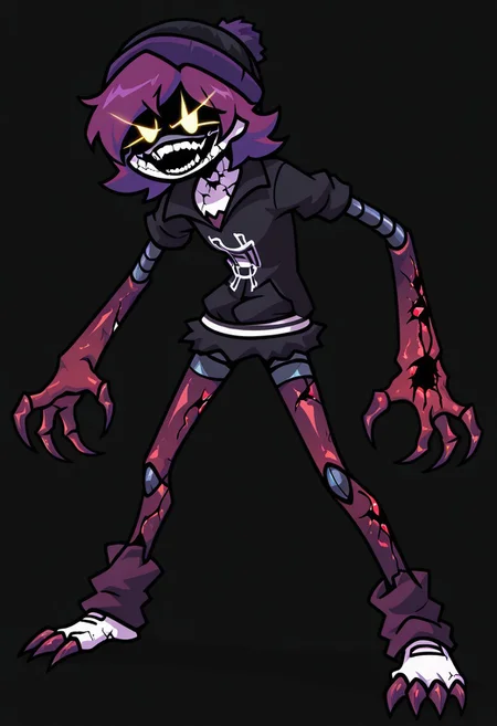 masterpiece, best quality, Detailed, 2D, 1girl, solo, Uzi, Purple Hair, yellow eyes, glowing eyes, robot, beanie, black hoodie, cracked skin, bleeding, torn clothes, sadistic grin, human-like teeth, shaded face, constricted puils, long arms, sharp claws, flesh infection, standing, legs apart, hunched posture, side view, horror /(theme/), full body, simple background