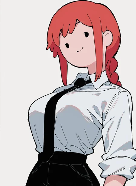 <lora:Adventure_Time_Style_LORA:1>, score_9, score_8_up, score_7_up, , adventure time style, flat color, vector ilustration, makima (chainsaw man), 1girl, solo, (dot eyes), round face, upper body portrait, 1girl, smile, slim waist, muscular female, mature female, medium breasts, huge ass, red hair, braid, white shirt collared shirt, black pants, black necktie, dark ally background, holdind chainsaw