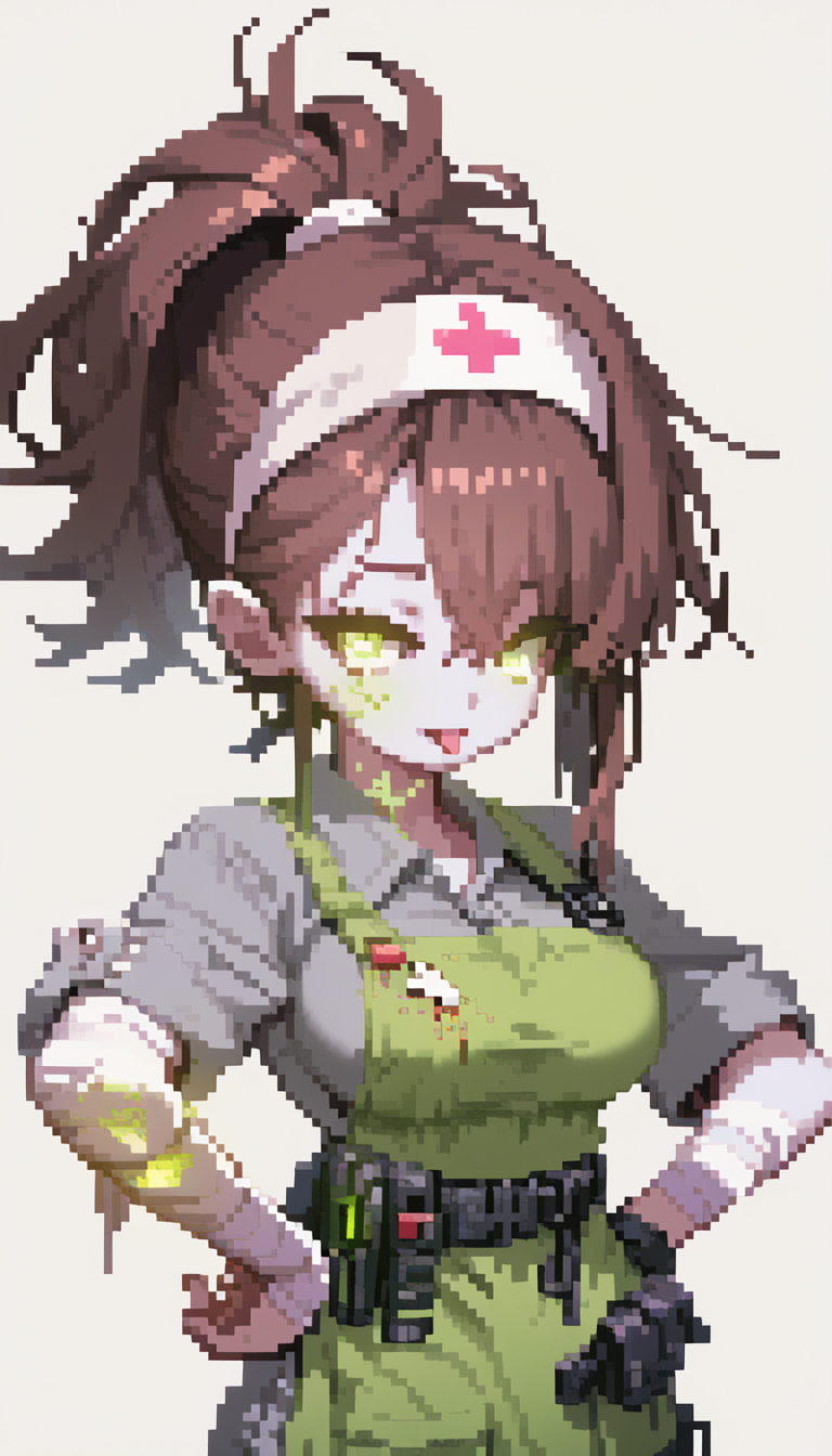 radsister, 1girl,
glowing green vein, undead girl, white skin, colored skin, pale skin,  
messy high ponytail, long bangs, side-swept bangs, layered hair, loose strands, hair tucked under headband, brown hair, glowin green eyes
radioactive nurse, glowing green eyes, glowing veins, pale skin, brown hair, tied hair, white headband,  
short-sleeved nurse uniform, gray shirt, button-up shirt,rolled-up sleeves,
dirty apron,green apron,
tight dark pants, tactical pants, grey pants,
black leather boots, heavy boots
bandaged arm, utility belt,  eerie aesthetic
, tongue out, :p, portrait, upper body, close-up, detailed face, simple background, detailed, perfect, perfection, score_9, score_8_up, score_7_up, score_6_up, score_5_up,