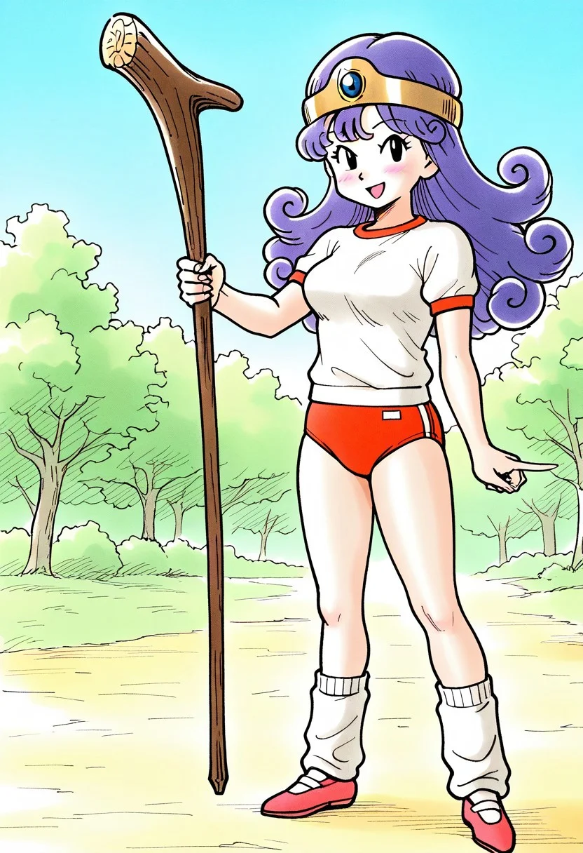 general,highres, ultra-detailed,very aesthetic,best quality ,best hands, BREAK 1girl,black eyes, long hair, blue hair, purple hair, sage (dq3), breasts, curly hair,
solo,((gym uniform)),((buruma)),loose socks,Lofer, staff, holding, open mouth, circlet, looking at viewer,holding staff, pointing,
full body,blush, kind smile,standing,outdoor,day, sky,
