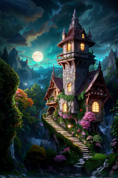 <lora:Wizard_Tower:0.7>,  a witow, castle sits up high on a sheer cliff embedded in the rock scenery, ominous sky (moon| eclipse:1.3), a castle, built into the rock surrounded by a distant mountain, fantasy, water falls down the cliff side , stairs zigzag from the base to the summit epiCPhoto a magnificent white tree an ancient green forest magical nature steps staircase path waterfall ivy comet in the sky  stone boulders canyon <lora:Detail_slider_v4 PlusOrNeg5:2>  tower spire roof bricks wall stone work night sky,  dynamic lighting strong_shadows contrast bloom