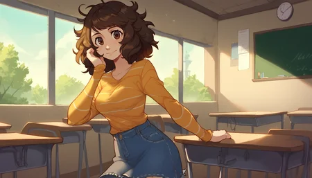 zPDXL,anime artwork score_9,score_8_up,score_7_up,2d,<lora:Huffslove_Style_PonyXL:1>,by huffslove,huffslove,<lora:anime-detailer-xl:1.5>,<lora:Expressive_H-000001:1>,Expressiveh,(source_anime),raytracing,rating_questionable,rating_safe,
solo,1girl,
indoors,classroom,scenery,
absurdres,
cowboy shot,looking at viewer,cute,attractive,
eye contact,standing,
. anime style,vibrant,studio anime,highly detailed,<lora:SadayoKawakami:.8>,Kawakami,SadayoBase,brown hair,messy hair,brown eyes,striped shirt,denim skirt,