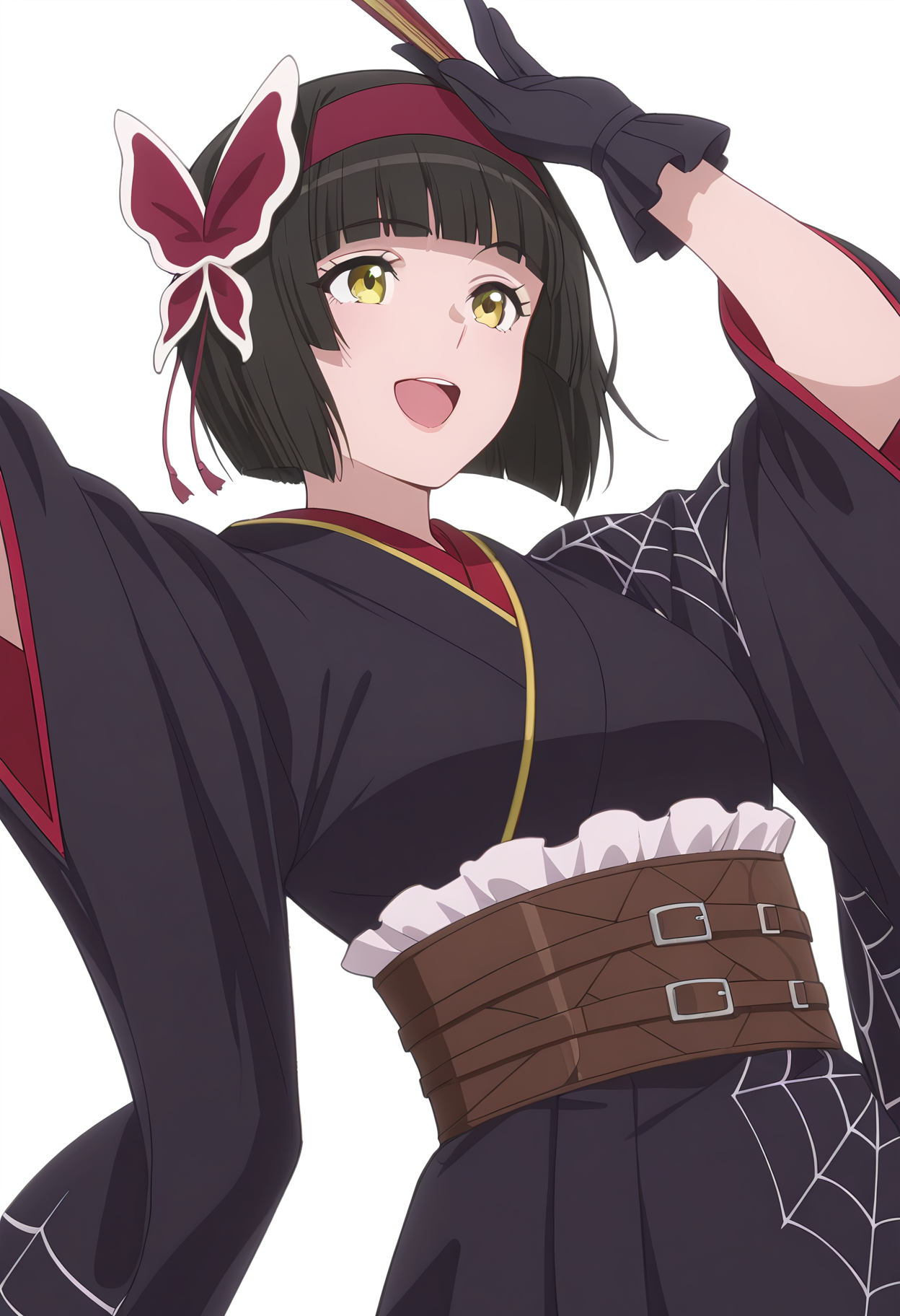 Smooth Quality,masterpiece, ultra realistic,
simple background, white background,
dynamic angle,^q^ ,Hand on own forehead,
 <lora:MioCnn:0.8> Mio/Cnn, 1girl, short hair, bangs, japanese clothes, kimono, yellow eyes, hairband, blunt bangs, black gloves, black hair, spider web print,butterfly hair ornament,folding fan,