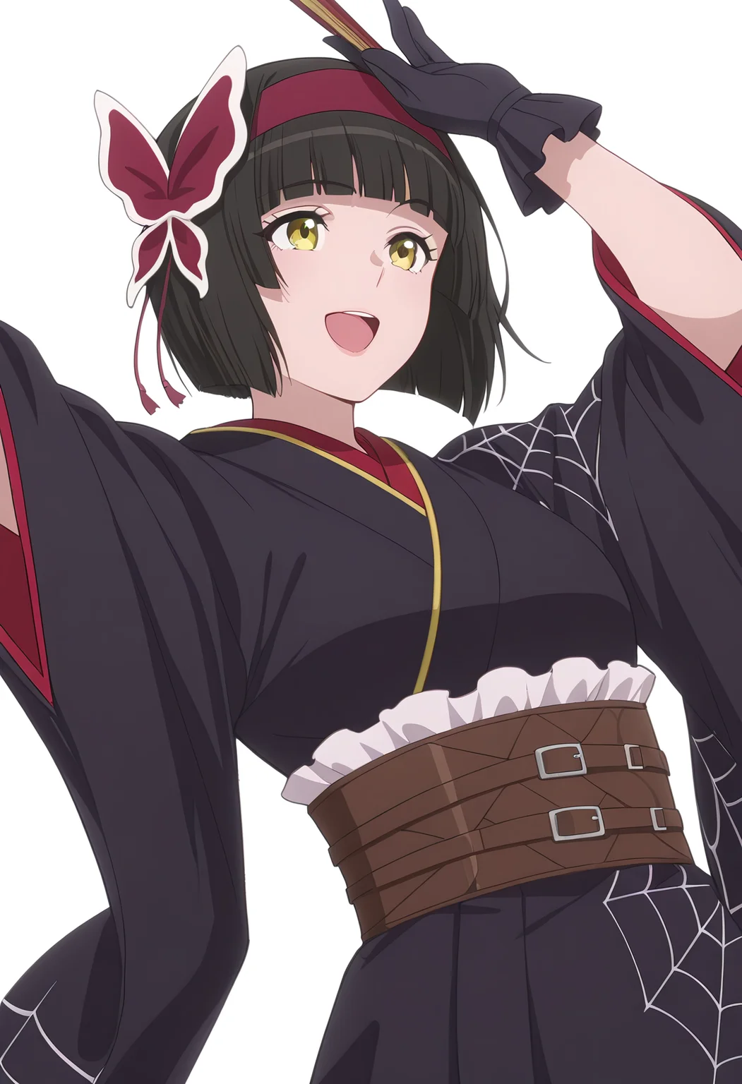 Smooth Quality,masterpiece, ultra realistic,
simple background, white background,
dynamic angle,^q^ ,Hand on own forehead,
 <lora:MioCnn:0.8> Mio/Cnn, 1girl, short hair, bangs, japanese clothes, kimono, yellow eyes, hairband, blunt bangs, black gloves, black hair, spider web print,butterfly hair ornament,folding fan,