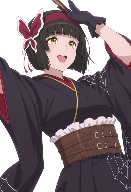 Smooth Quality,masterpiece, ultra realistic,
simple background, white background,
dynamic angle,^q^ ,Hand on own forehead,
<lora:MioCnn:0.8> Mio/Cnn, 1girl, short hair, bangs, japanese clothes, kimono, yellow eyes, hairband, blunt bangs, black gloves, black hair, spider web print,butterfly hair ornament,folding fan,