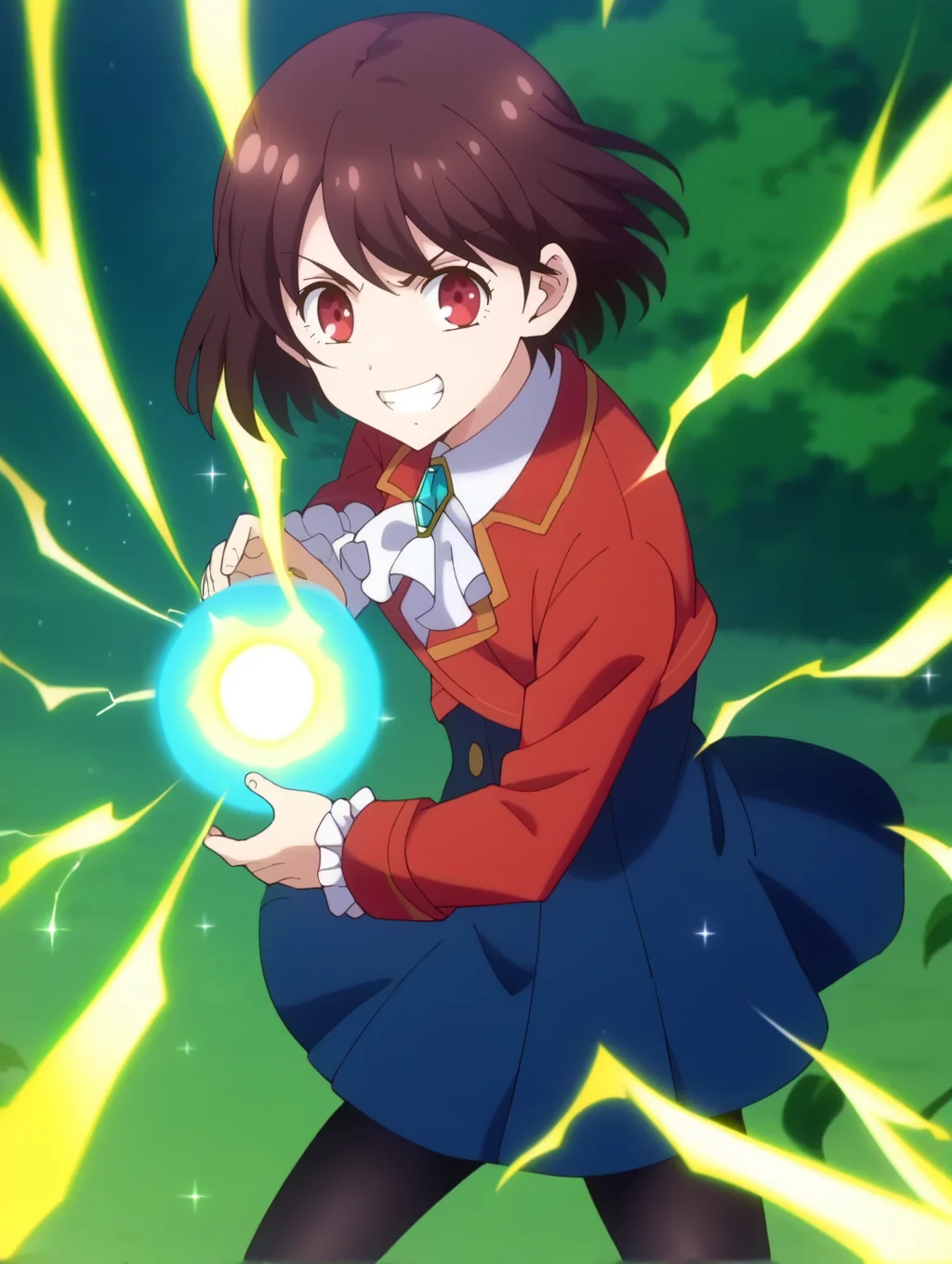 score_9, score_8_up, score_7_up, score_6_up, uncensored, source_anime,
BREAK,
solo, looking ata viewer,
<lora:wataoshi_rei_taylor:1>,wataoshi_rei_taylor, short hair,brown hair,red jacket, long sleeves, blue skirt, white shirt, frills, black pantyhose, brooch,
grin,
lily flowers,
sparkle,
<lora:kamehameha charge stance:0.8>,charge stance, kamehameha charge stance,red energy ball, aura, electricity, concentration line