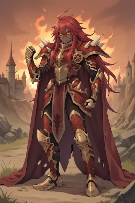 score_9, score_8_up, score_7_up, score_6_up, source_anime, BREAK, <lora:GulcasaPonyXL:0.8> , guldef, (Guldem), dark skin, dark-skinned male, (1boy), red hair, long hair, hair between eyes, (yellow sclera), (armor), full armor, spikes, shoulder armor, shoulder spikes, cape, red cape, pauldrons, gauntlets, greaves, solo, cowboy shot, looking at viewer, serious expression, angry, clenched hand, (raised fist), <lora:zy_Detailed_Backgrounds_v1:0.3> , detailed background, highly detailed, exterior, castle, fortress, night, battlefield, wasteland, fiery aura, <lora:4byssXLP:0.7> , 4byss,