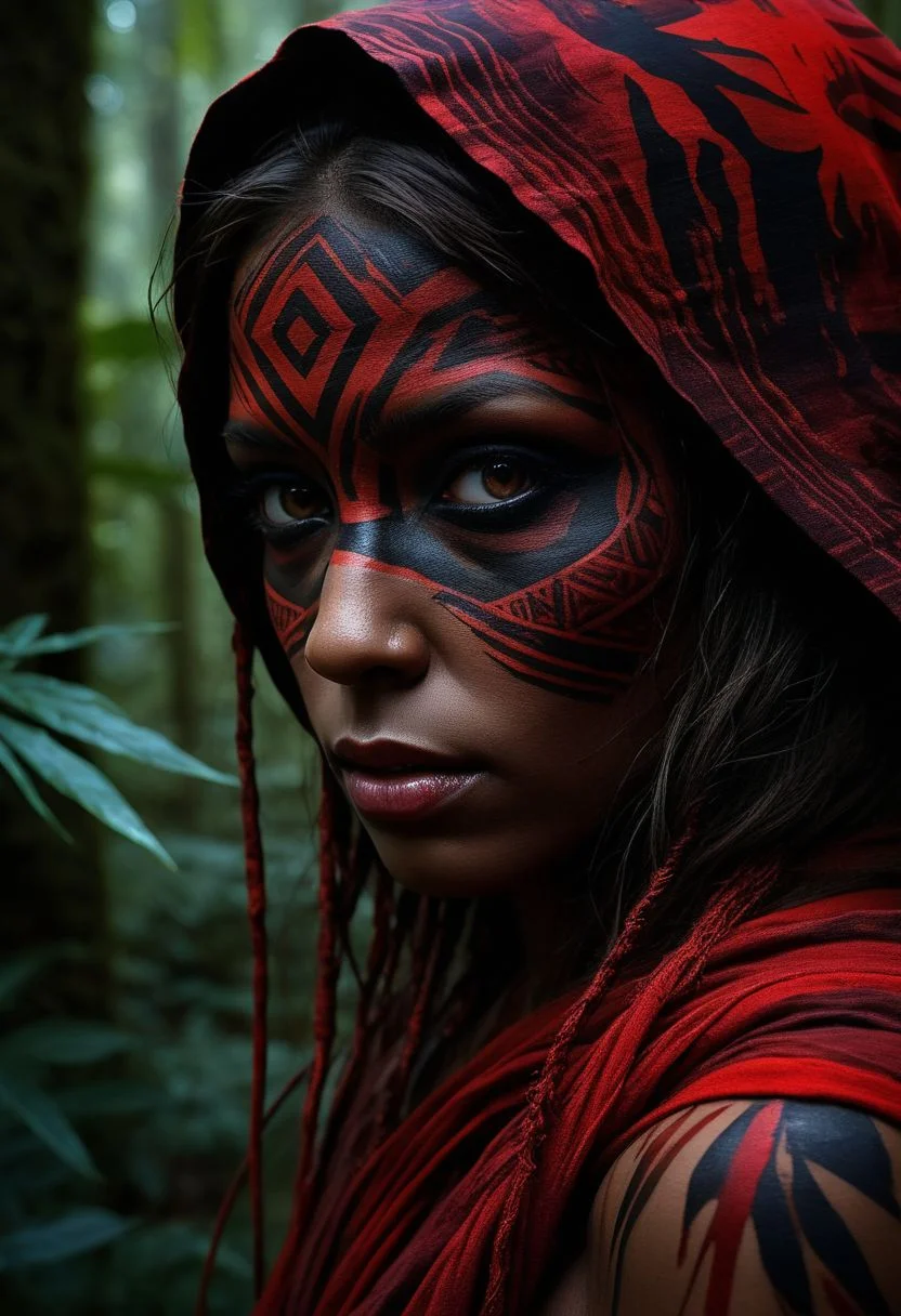 mysterious silhouette of a tribal woman, jungle, (red warpaint over eyes only), goddess, alluring, by Minjae Lee, Carne Griffiths, Emily Kell, Steve McCurry, Geoffroy Thoorens, Aaron Horkey, Jordan Grimmer, Greg Rutkowski, amazing depth, double exposure, surreal, geometric patterns, intricately detailed, bokeh, perfect balanced, deep fine borders, artistic photorealism , smooth, great masterwork by head of prompt engineering <lora:add-detail-xl:2> <lora:Double_Exposure:0.5>