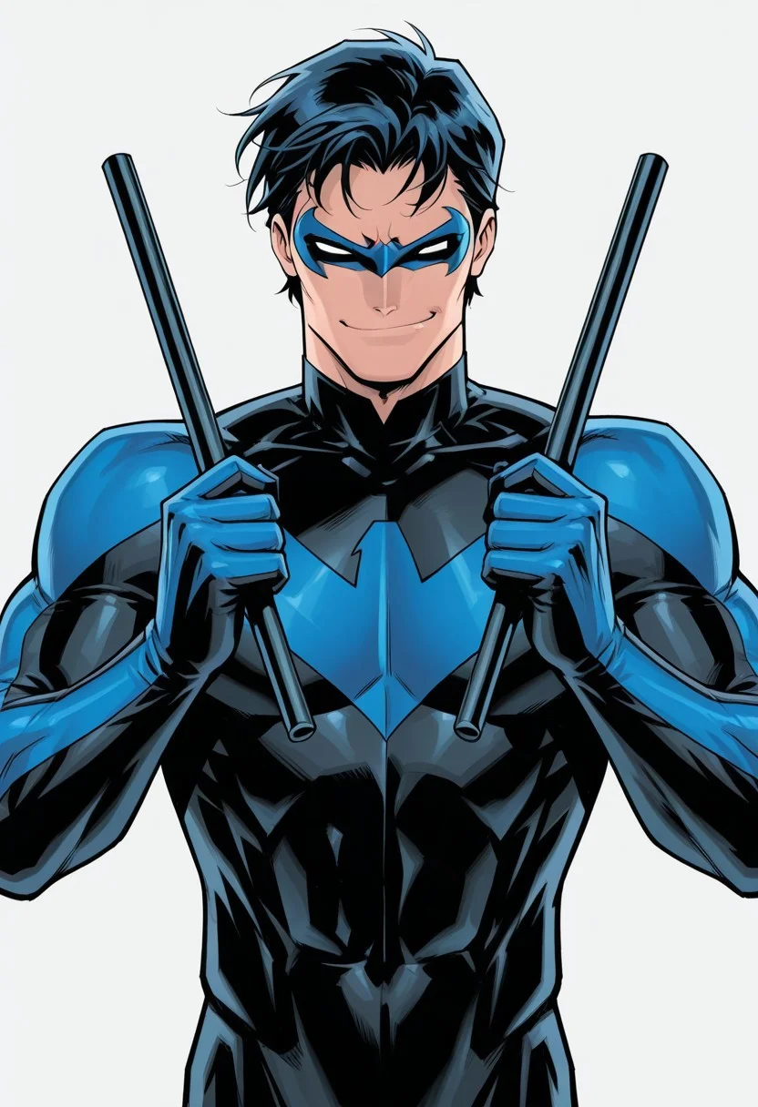 Grey background, simple background, solid color background, 2d, 1male, solo,
DC Comics, Nightwing, toned male, black hair, white eyes, no pupils, domino mask, black bodysuit, blue trim, insignia,
Upper body, front view, smug expression, smirk, looking at viewer, Hands up, holding weapons, weapons, batons, dual batons, escrima sticks,