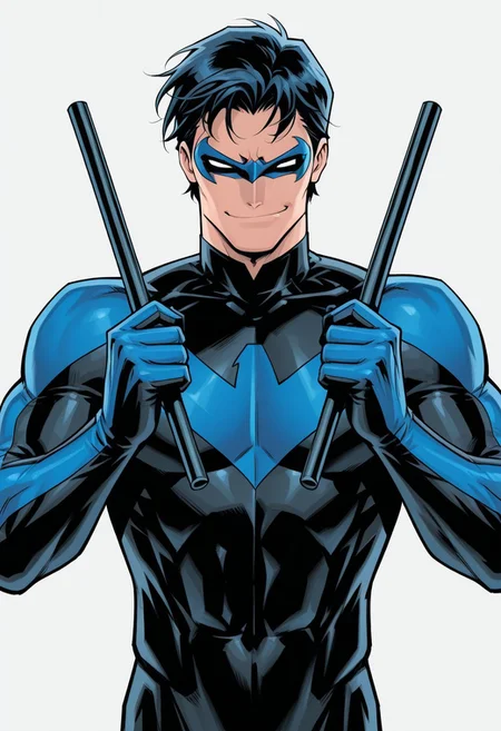 Grey background, simple background, solid color background, 2d, 1male, solo,
DC Comics, Nightwing, toned male, black hair, white eyes, no pupils, domino mask, black bodysuit, blue trim, insignia,
Upper body, front view, smug expression, smirk, looking at viewer, Hands up, holding weapons, weapons, batons, dual batons, escrima sticks,