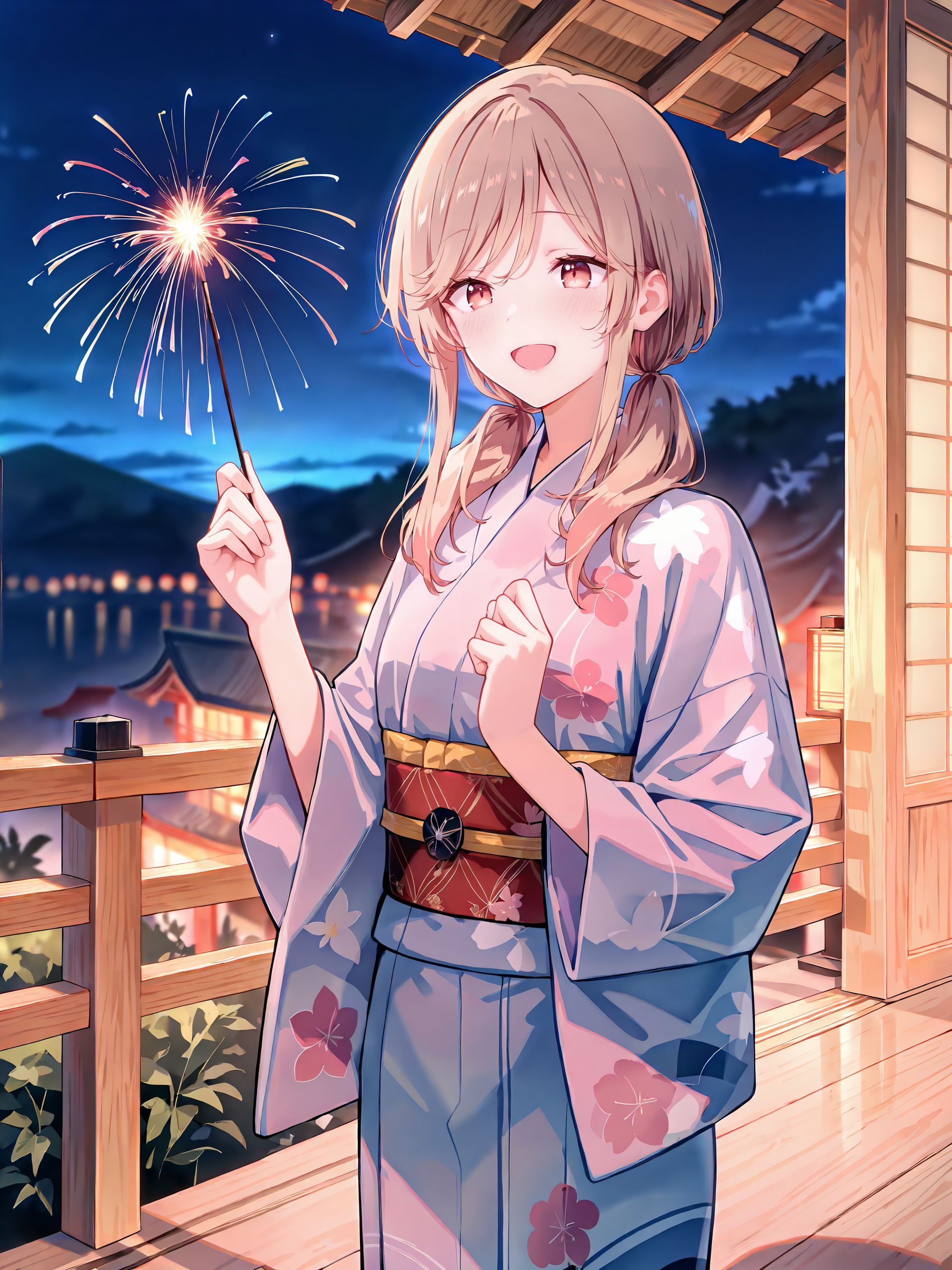 1girl, sena ajisai, solo, kimono, low twintails, obi, sash, tabi, standing, cowboy shot, holding fireworks, smile, open mouth, night, outdoors, blurry background , <lora:Char-Sena_Ajisai-V1-IL:0.9>
masterpiece, best quality, amazing quality, very aesthetic, absurdres, (ask \(askzy\), hiten \(hitenkei\):0.7), perfect features, intricate details, ray tracing, <lora:XL-detailed_notrigger:1:hr=0.5>