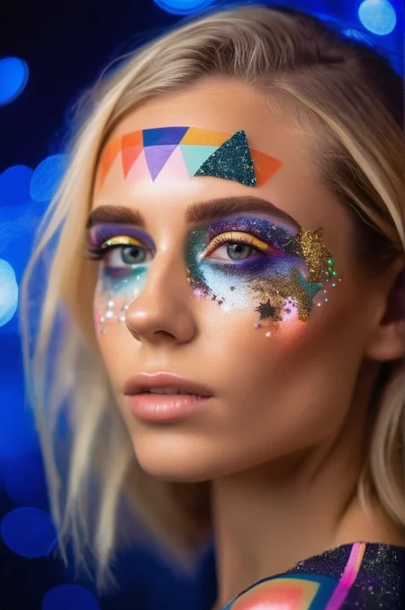close up portrait photo of an 20 years old european blonde haired woman, enjoying live, style \(artistic face makeup with coloured geometric shapes and figures and lines and circles and Glitter and stars\), <lora:makeup_050_cosine_iter2_ 002_sdxl_jugger_10epoches_adafactor-step00005000:1>, cold light