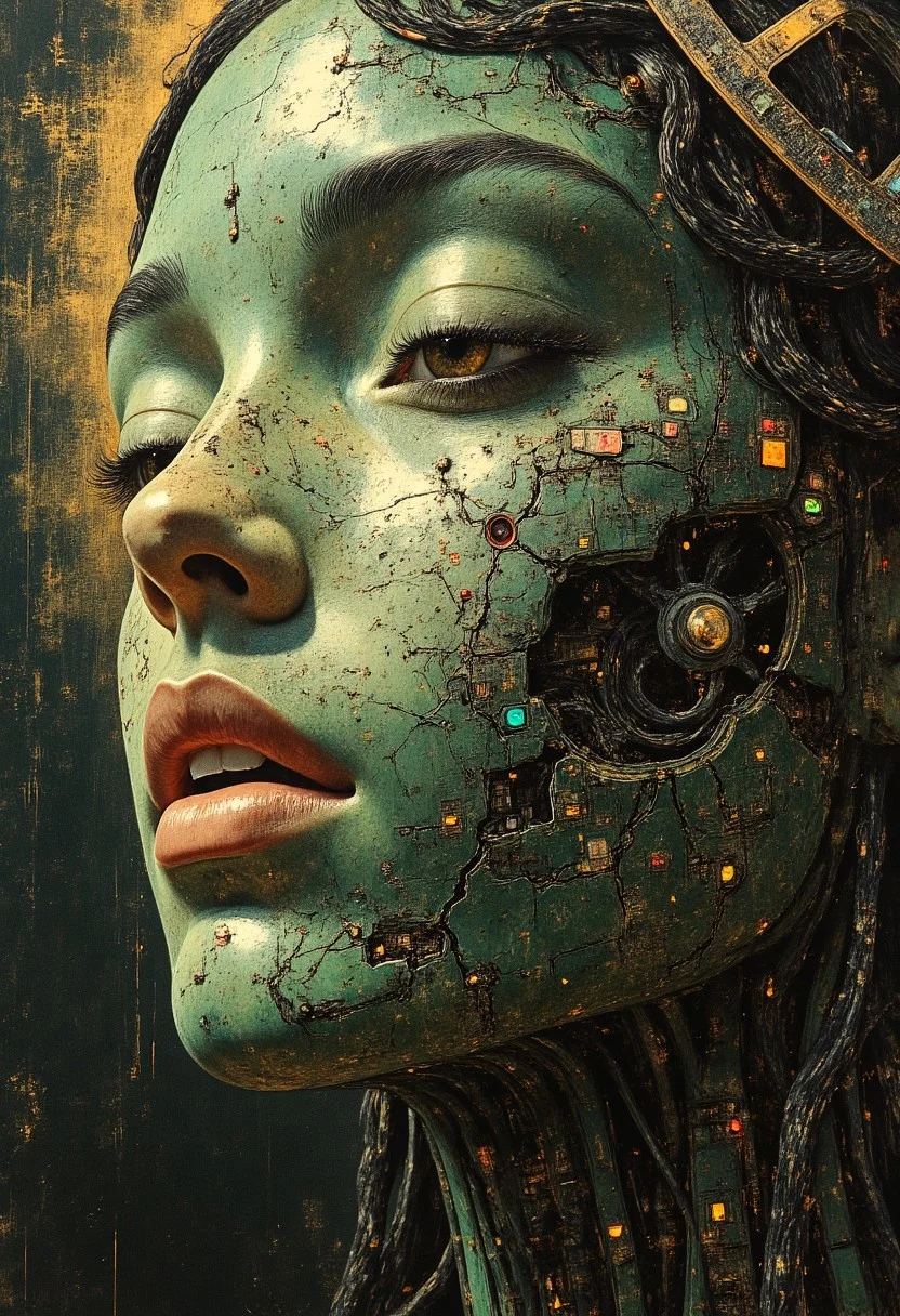 Close-up portrait of a stylized android woman inspired by Renaissance painting. Only her face and part of her upper shoulders are visible. Her skin resembles a mottled green printed circuit board—textured with etched metallic patterns, microchips, and fine embedded transistors. Faint lines of illuminated circuitry run beneath the surface, glowing softly in green and cyan hues.
Her expression is serene and contemplative. Eyes gently closed. Lips slightly parted. Her facial structure is symmetrical and feminine, with soft cheekbones, a high nose bridge, and sculpted jawline. Areas of her face—beneath one eye, along her temple—are opened to reveal layered components and silver neural wiring, nestled in synthetic tissue.
She wears heavy, Renaissance-style makeup: dark lashes, deep shadow across her eyelids, subtle gold dust on her cheeks. Her head is framed by a nimbus halo—thin, circular, hovering above the crown, lined with cracked wiring and multicolored LEDs, some flickering faintly. The halo is worn, chipped, patched with soldered wires and hanging threads of fiber optics.
Her hair is minimal—black, synthetic filaments braided tightly back or entirely absent. A high-necked fabric collar in aged brocade is just barely visible at the bottom of the frame.
Soft Rembrandt lighting illuminates the left side of her face. Background is dark with faded fresco texture. High detail. Shallow depth of field. Sacred. Still. Cybernetic grace.
