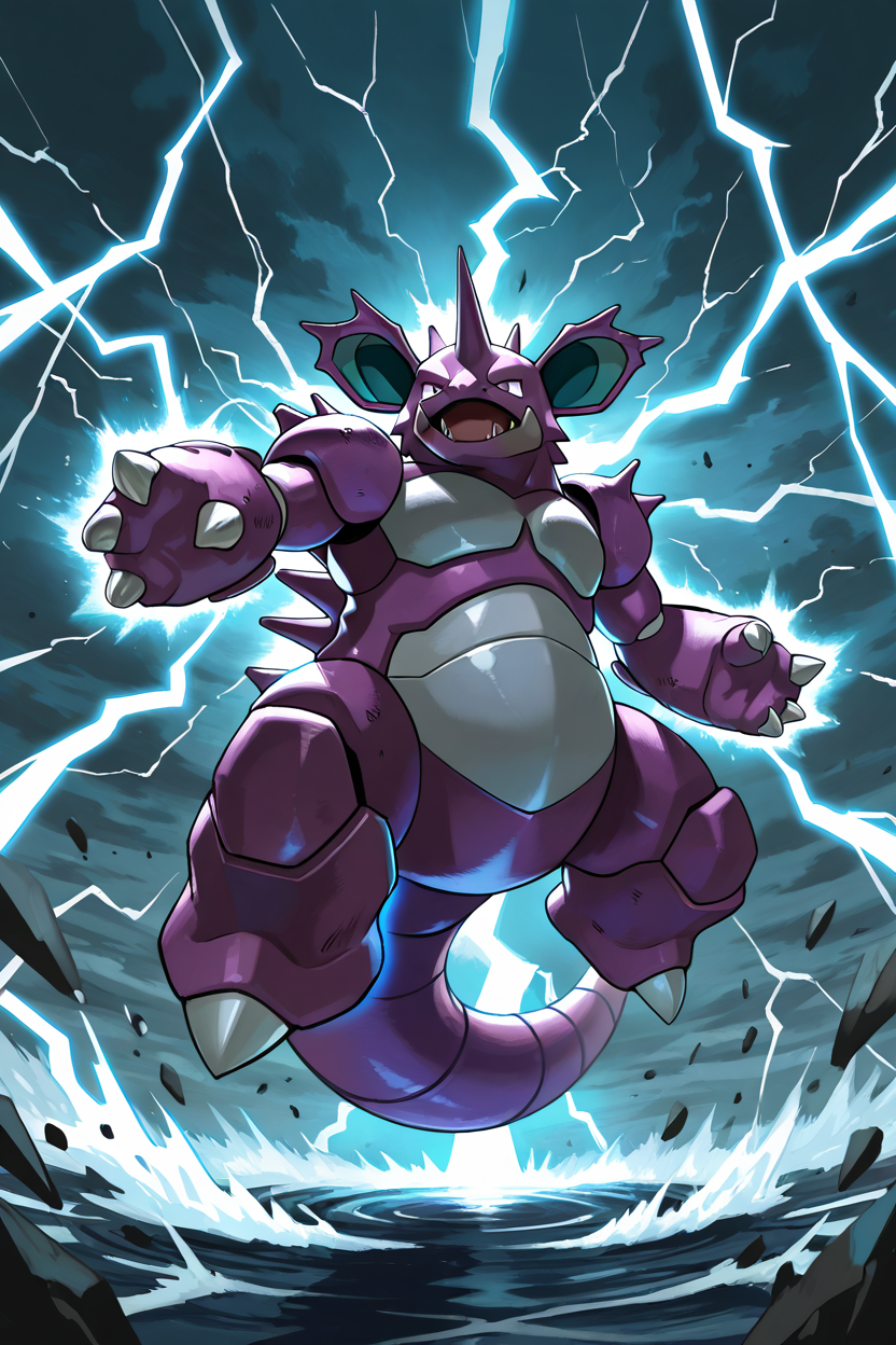 masterpiece, best quality,   Nidoking, solo, no humans, pokemon (creature), single horn, claws, <lora:NidokingPokedexIXL:1.0>,  epic battle, mid-air leap, claws outstretched, stormy sky, lightning, rippling muscles, armor-like skin, debris flying, ground cratering, glowing blue energy, spiraling horn, cinematic angles, clash of titans, action-packed