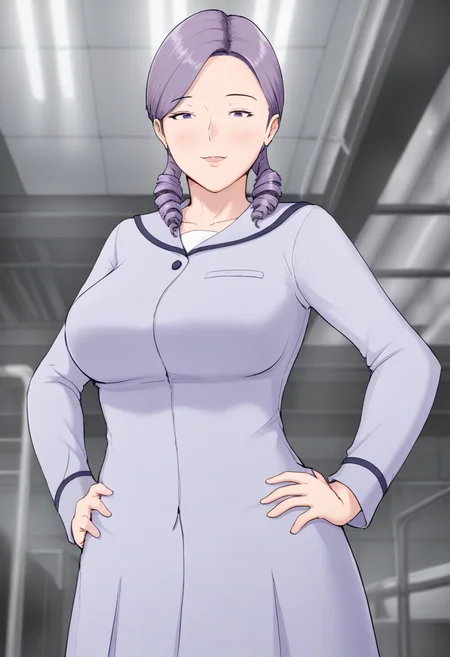 masterpiece, best quality, amazing quality, 1girl, mature_female, solo, large breasts, Standing with hands on hips, cute, confident expression, from_below, Lavender Navy Uniform, twin drills, cornrows, salt-and-pepper hair, factory, cowboy_shot, <lora:Illustrous\horsetail_illu:1.0>