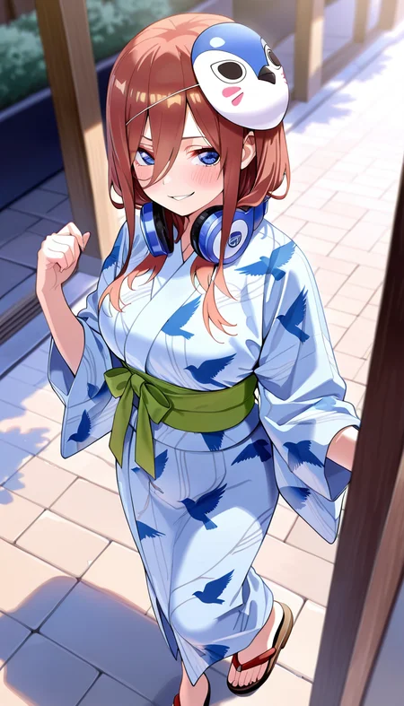 masterpiece, best quality, very aesthetic, absurdres,
solo, 1girl,

m1ku, nakano miku, brown hair, long hair, hair between eyes, blue eyes,

smirk,

headphones, headphones around neck, blush, japanese clothes, light blue yukata, bird print, blue bird, sandals, sash, green sash, mask on head,

outside,
