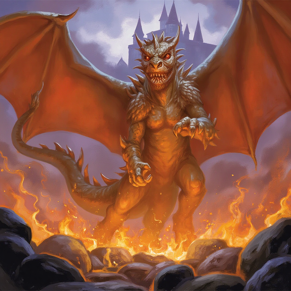 dndstyle illustration of a fire breathing dragon, castle in the background