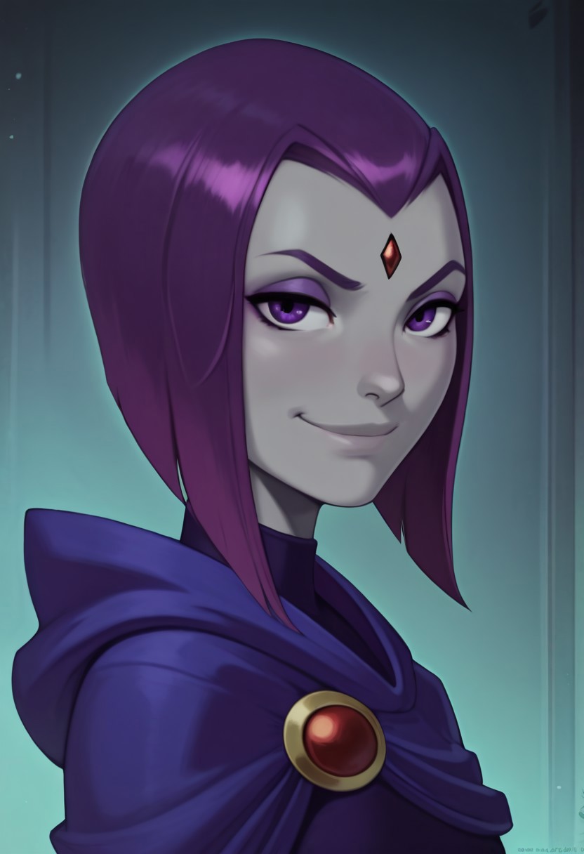 <lora:tmn:1>,<lora:Raven_TT_ILLUS_2:0.5>,rav1,grey skin,purple eyes,purple hair,forehead jewel,short hair,hood,makeup,portrait,detailed,smirk,high detailed