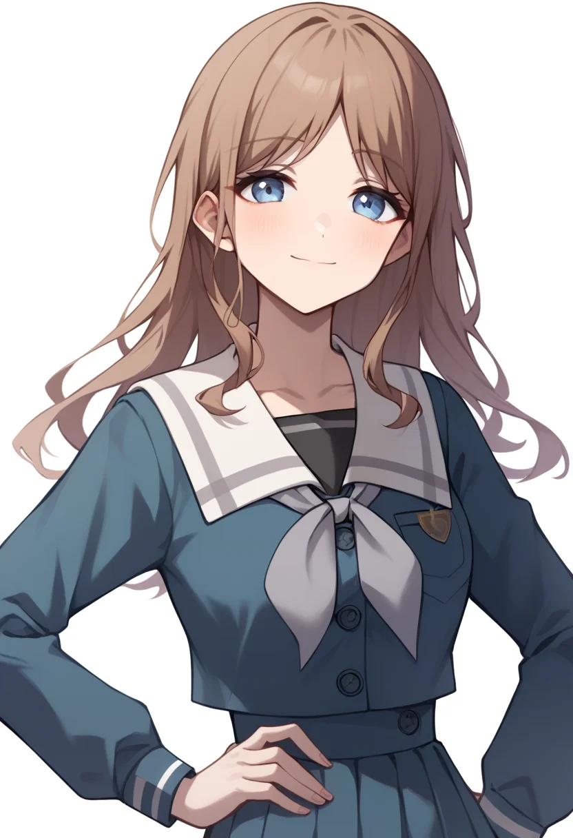score_9,score_8_up,score_7_up,<lora: nagasaki_soyo_pony:1>,1girl,solo,white background,simple background,upper body,looking at viewer,standing,hand up,light smile,blush,closed mouth,sidelocks,breast pocket,hand on own hip,blue skirt,blue shirt,tsukinomori school uniform,serafuku,pleated skirt,long sleeves,white sailor collar,highres,absurdres,grey neckerchief,buttons,nagasaki soyo,commentary,arm across waist,