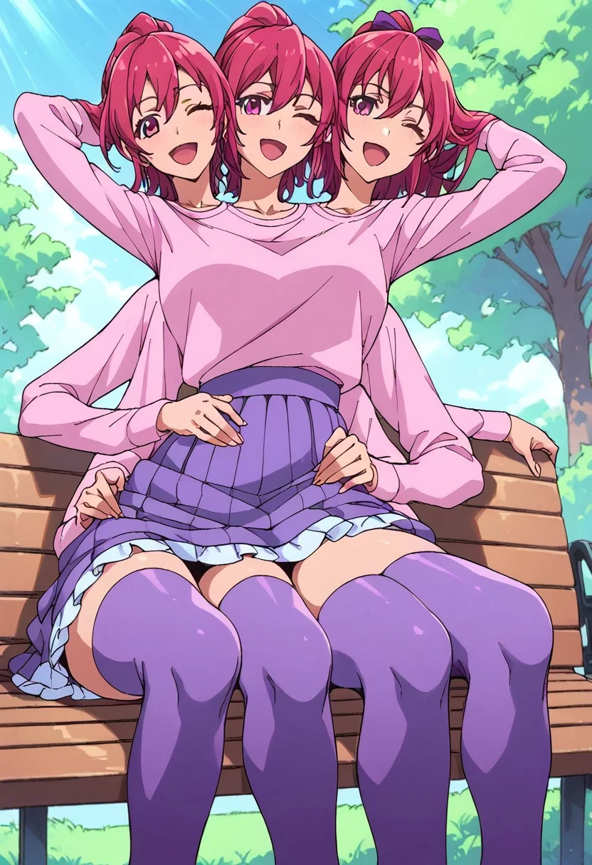 ((8arms, 3heads, humantaur, second body)), score_9, score_8_up, score_7_up, score_6_up, score_5_up, score_4_up, Aida Mana, pink eyes, pink hair, flipped hair, half updo, hair ribbon, pink shirt, undershirt, frilled skirt, frills,  ((( purple thighhighs))), fully clothed, casual, sitting on bench, hand in hair, hand on waist, looking at viewer, glad, happy, mouth closed, ((one eye closed)), outdoors, park,  [shadows], light rays, Expressiveh, [dynamic angle], [low angle]