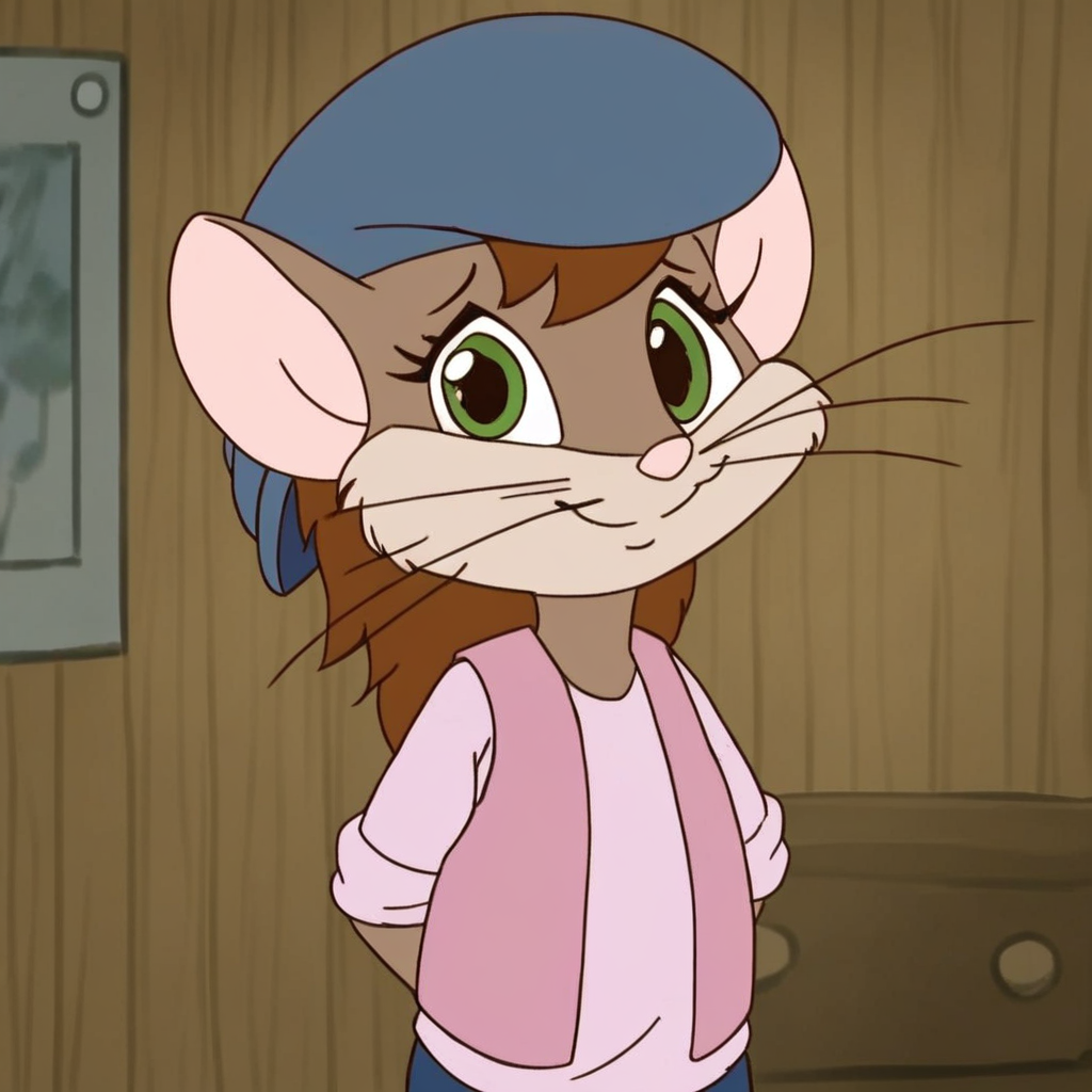source_cartoon, 1girl, solo, bridgidbarnes, semi-anthro, mouse, brown fur, whiskers, green eyes, dark brown short hair, dark blue newsie cap, pink vest, light pink shirt, dark blue long pants, looking at viewer, worried smile, closed mouth, hands behind back, front view, bedroom, indoors