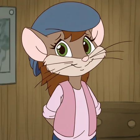 source_cartoon, 1girl, solo, bridgidbarnes, semi-anthro, mouse, brown fur, whiskers, green eyes, dark brown short hair, dark blue newsie cap, pink vest, light pink shirt, dark blue long pants, looking at viewer, worried smile, closed mouth, hands behind back, front view, bedroom, indoors