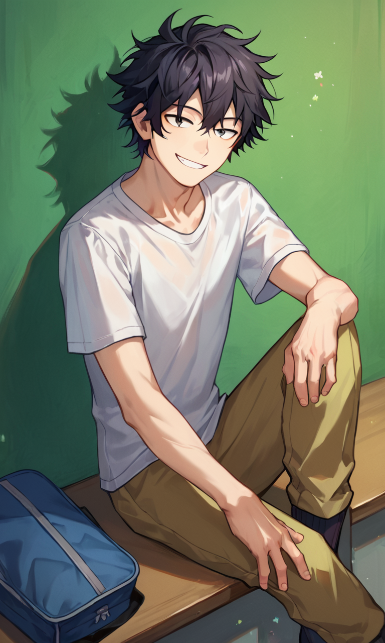 score_9, score_8_up, score_7_up, score_6_up, score_5_up, score_4_up, male school uniform, 1boy, male focus, solo, black hair, shirt, smile, sitting, t-shirt, looking at viewer, at school, hand on own knee, messy hair, score_9, score_8_up, score_7_up, score_6_up, score_5_up, score_4_up, male school uniform, 1boy, male focus, solo, black hair, shirt, smile, sitting, t-shirt, looking at viewer, at school, hand on own knee, messy hair, very