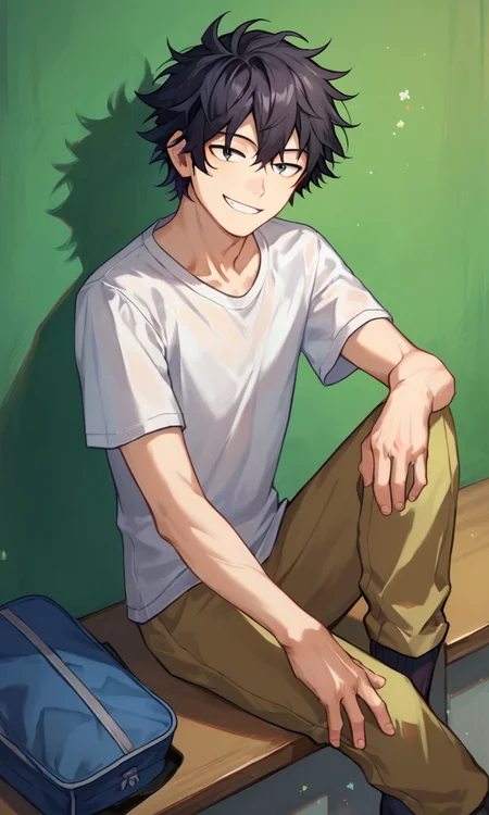 score_9, score_8_up, score_7_up, score_6_up, score_5_up, score_4_up, male school uniform, 1boy, male focus, solo, black hair, shirt, smile, sitting, t-shirt, looking at viewer, at school, hand on own knee, messy hair, score_9, score_8_up, score_7_up, score_6_up, score_5_up, score_4_up, male school uniform, 1boy, male focus, solo, black hair, shirt, smile, sitting, t-shirt, looking at viewer, at school, hand on own knee, messy hair, very