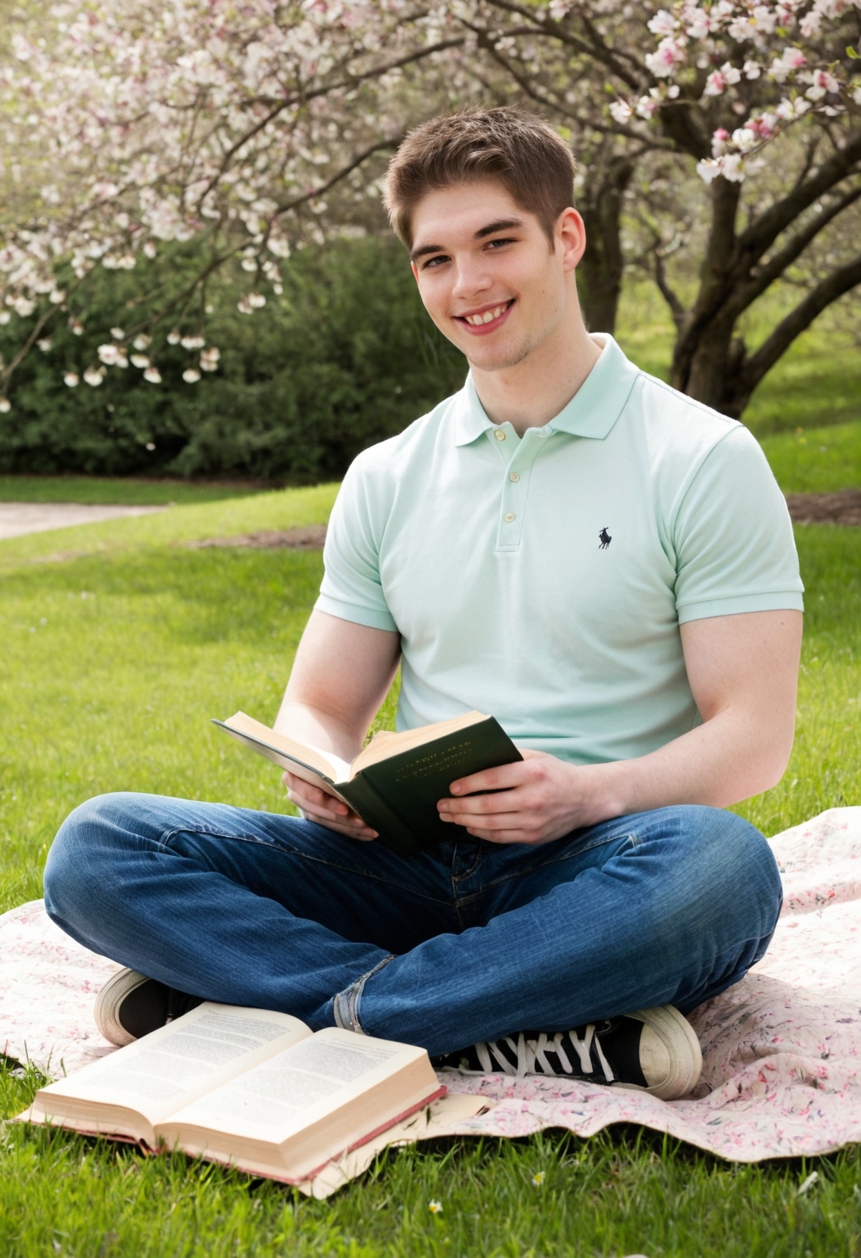 aidenperson, male focus, pale skin, <lora:aiden_twink_sdxl_v1-000010:1>  sitting casually on blanket on a grassy field surrounded by spring blossoms, wearing a fitted pastel polo shirt and jeans and sneakers, relaxed smile, toned arms visible, bright natural light, books, papers, collegiate, natural lighting, lifestyle fashion editorial, dynamic composition, engaging narrative, high-quality details, evocative mood, immersive scene, realistic textures, captivating atmosphere